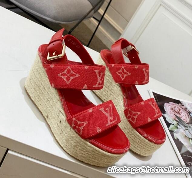 Good Quality Louis Vuitton Starboard Wedge Sandals 10cm in Denim Red 0320117