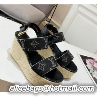 Good Product Louis Vuitton Starboard Wedge Sandals 10cm in Denim Black 320119