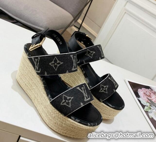 Good Product Louis Vuitton Starboard Wedge Sandals 10cm in Denim Black 320119