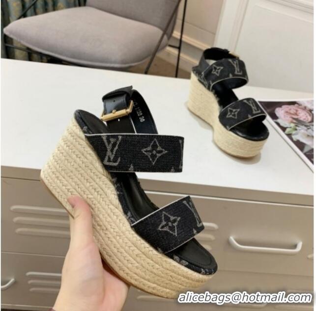 Good Product Louis Vuitton Starboard Wedge Sandals 10cm in Denim Black 320119