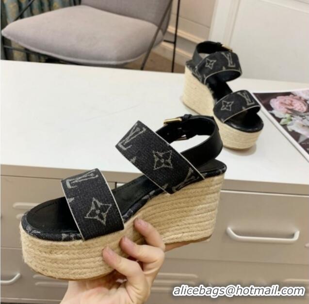 Good Product Louis Vuitton Starboard Wedge Sandals 10cm in Denim Black 320119