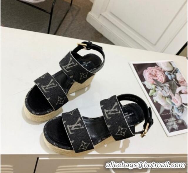 Good Product Louis Vuitton Starboard Wedge Sandals 10cm in Denim Black 320119