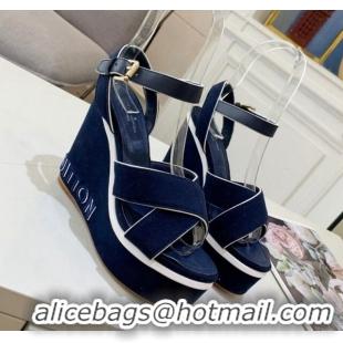 Shop Duplicate Louis Vuitton Harbour Wedge Sandals 12cm in Canvas Navy Blue 0321005