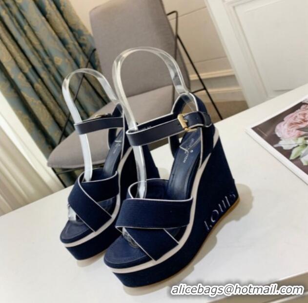 Shop Duplicate Louis Vuitton Harbour Wedge Sandals 12cm in Canvas Navy Blue 0321005