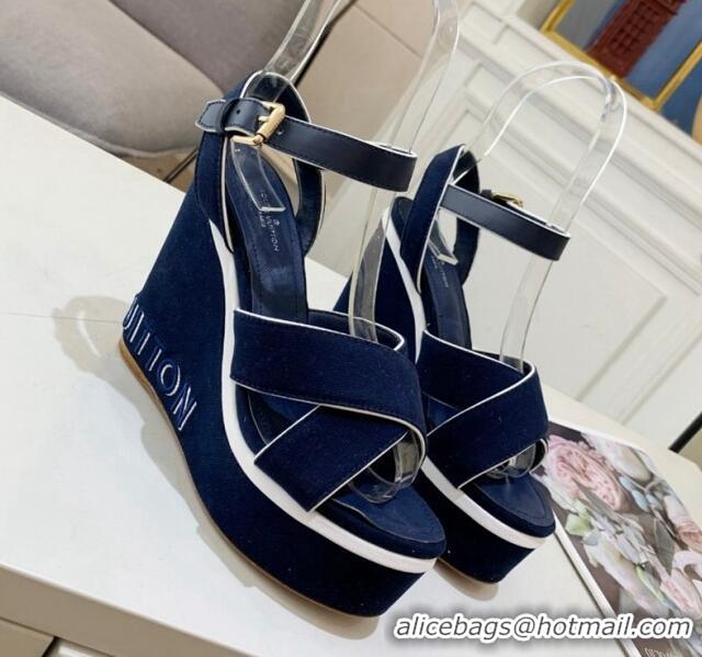 Shop Duplicate Louis Vuitton Harbour Wedge Sandals 12cm in Canvas Navy Blue 0321005