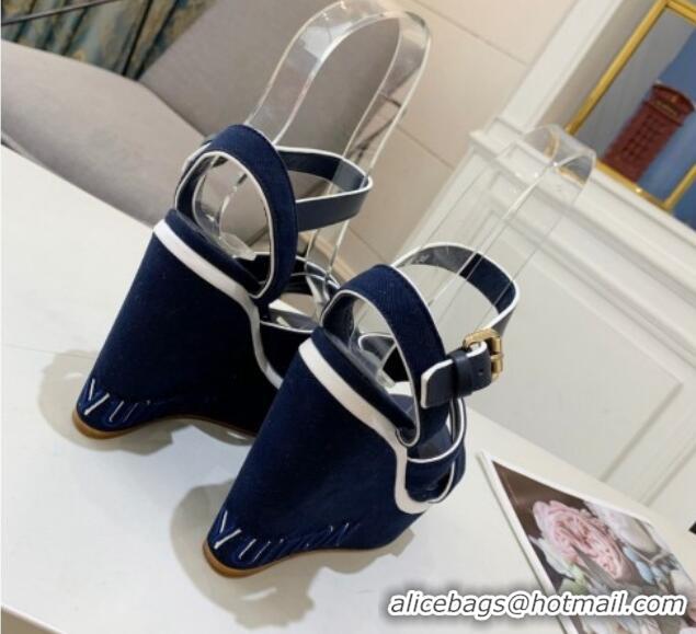 Shop Duplicate Louis Vuitton Harbour Wedge Sandals 12cm in Canvas Navy Blue 0321005