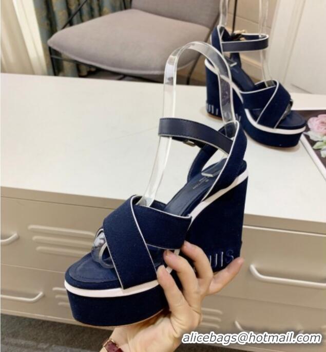 Shop Duplicate Louis Vuitton Harbour Wedge Sandals 12cm in Canvas Navy Blue 0321005