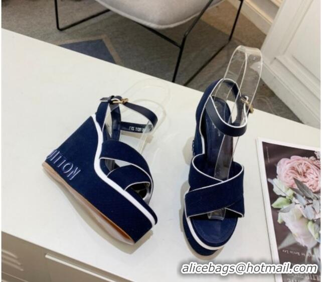 Shop Duplicate Louis Vuitton Harbour Wedge Sandals 12cm in Canvas Navy Blue 0321005