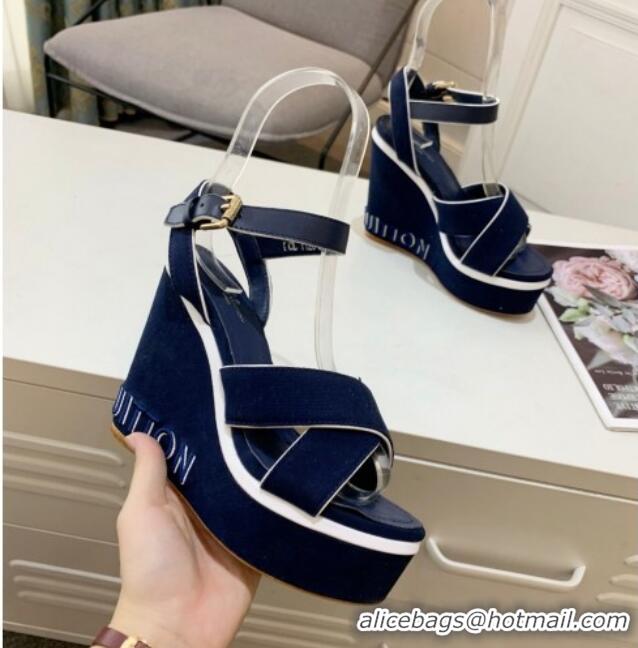 Shop Duplicate Louis Vuitton Harbour Wedge Sandals 12cm in Canvas Navy Blue 0321005