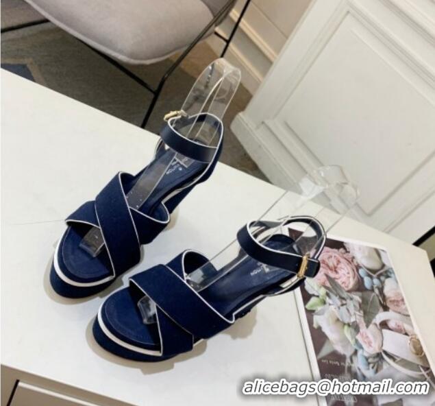 Shop Duplicate Louis Vuitton Harbour Wedge Sandals 12cm in Canvas Navy Blue 0321005