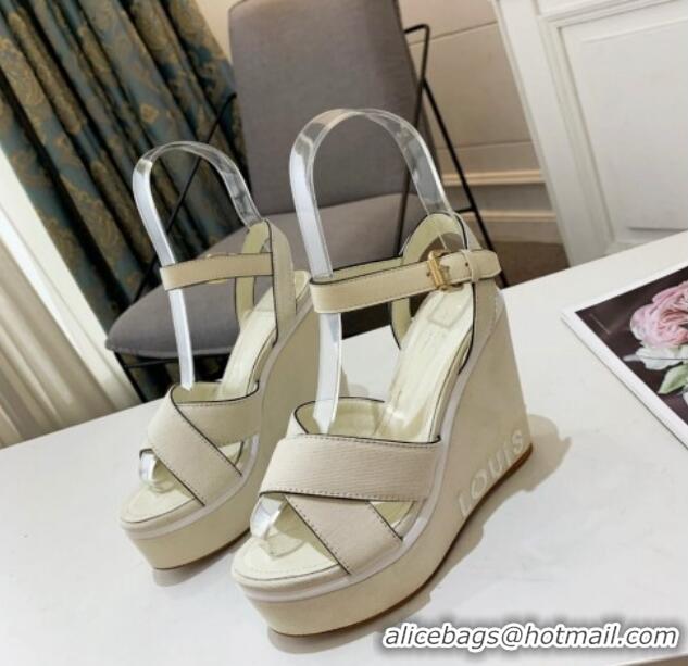 Stylish Louis Vuitton Harbour Wedge Sandals 12cm in Canvas White 0321006