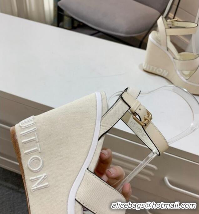 Stylish Louis Vuitton Harbour Wedge Sandals 12cm in Canvas White 0321006