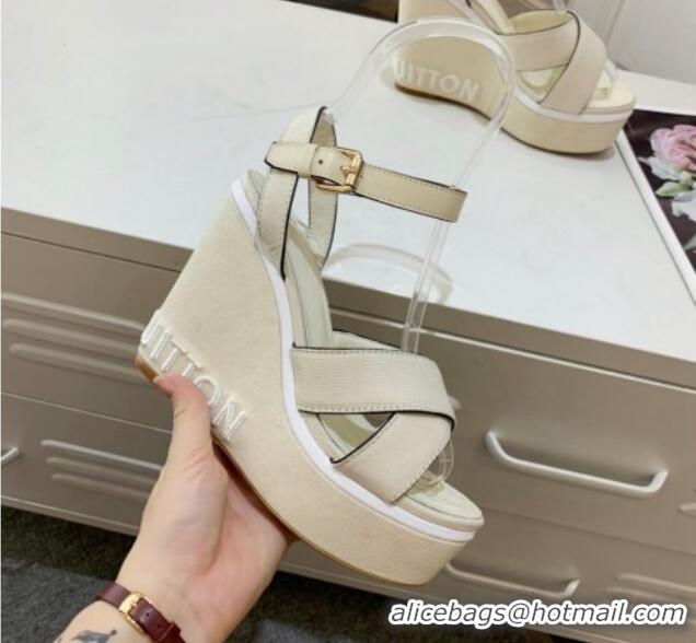 Stylish Louis Vuitton Harbour Wedge Sandals 12cm in Canvas White 0321006