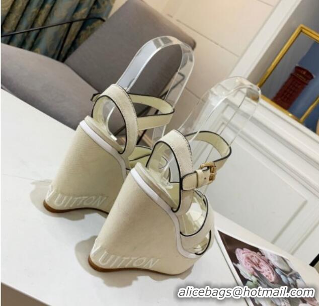 Stylish Louis Vuitton Harbour Wedge Sandals 12cm in Canvas White 0321006