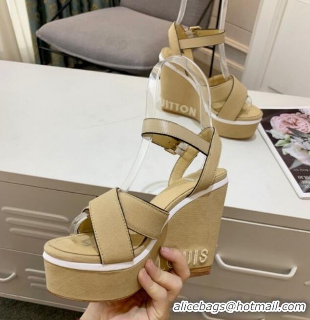 Lower Price Louis Vuitton Harbour Wedge Sandals 12cm in Canvas Beige 0321007