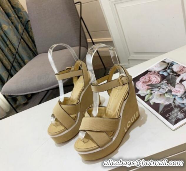 Lower Price Louis Vuitton Harbour Wedge Sandals 12cm in Canvas Beige 0321007