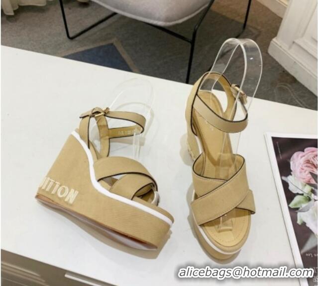 Lower Price Louis Vuitton Harbour Wedge Sandals 12cm in Canvas Beige 0321007