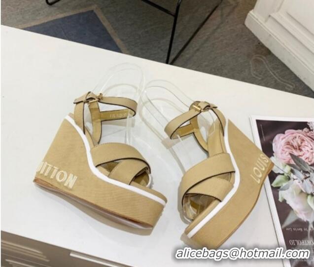 Lower Price Louis Vuitton Harbour Wedge Sandals 12cm in Canvas Beige 0321007