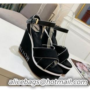 Top Design Louis Vuitton Harbour Wedge Sandals 12cm in Canvas Black 0321008