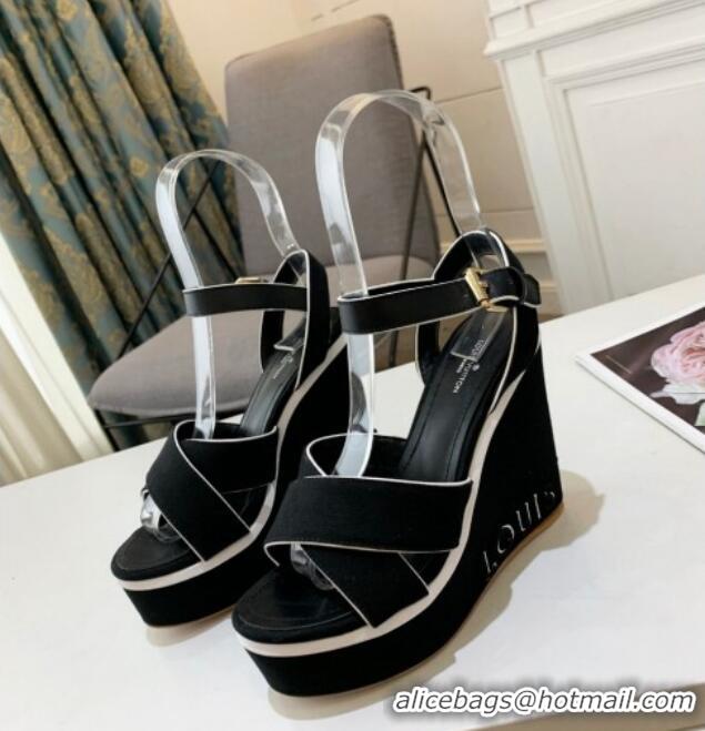 Top Design Louis Vuitton Harbour Wedge Sandals 12cm in Canvas Black 0321008