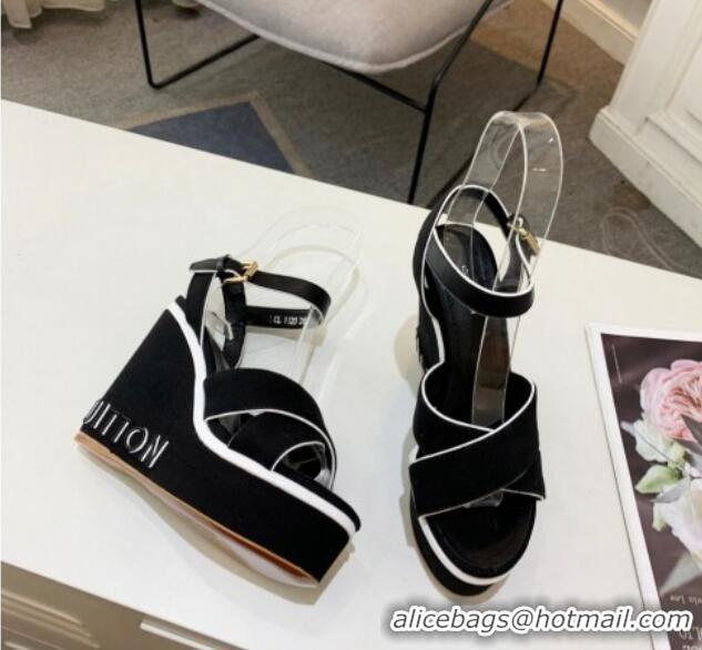 Top Design Louis Vuitton Harbour Wedge Sandals 12cm in Canvas Black 0321008