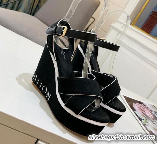 Top Design Louis Vuitton Harbour Wedge Sandals 12cm in Canvas Black 0321008