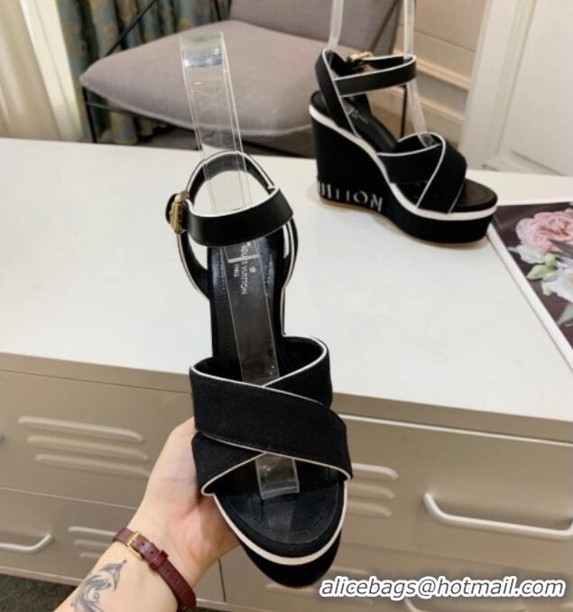 Top Design Louis Vuitton Harbour Wedge Sandals 12cm in Canvas Black 0321008