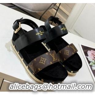 Stylish Louis Vuitton Flat Sandals in Leather and Canvas Black 321009