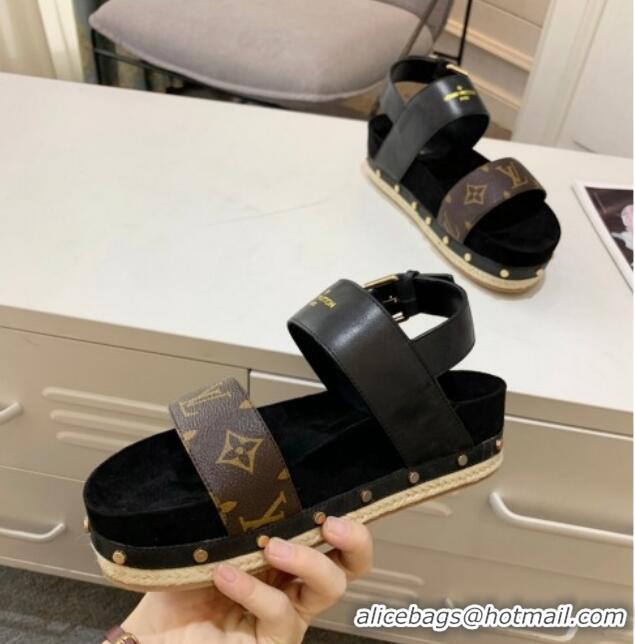 Stylish Louis Vuitton Flat Sandals in Leather and Canvas Black 321009