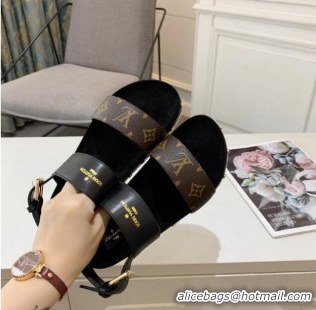 Stylish Louis Vuitton Flat Sandals in Leather and Canvas Black 321009