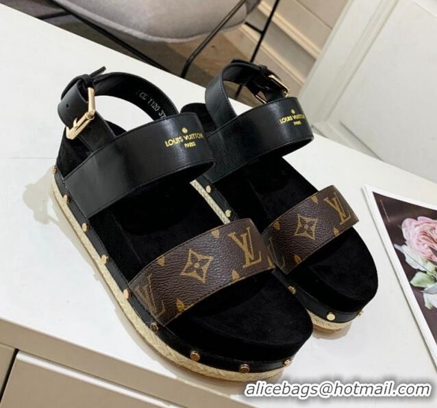 Stylish Louis Vuitton Flat Sandals in Leather and Canvas Black 321009