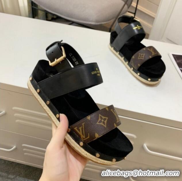 Stylish Louis Vuitton Flat Sandals in Leather and Canvas Black 321009