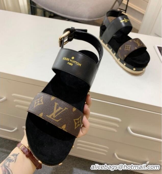 Stylish Louis Vuitton Flat Sandals in Leather and Canvas Black 321009