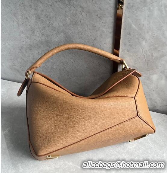 New Design Loewe Puzzle Medium Bag in Litchi-Grained Calfskin 3002B Light Brown 2024