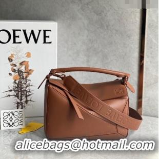 Top Quality Loewe Small Puzzle bag in Satin Calfskin with Wide Leather Strap L2073 Caramel Brown 2024