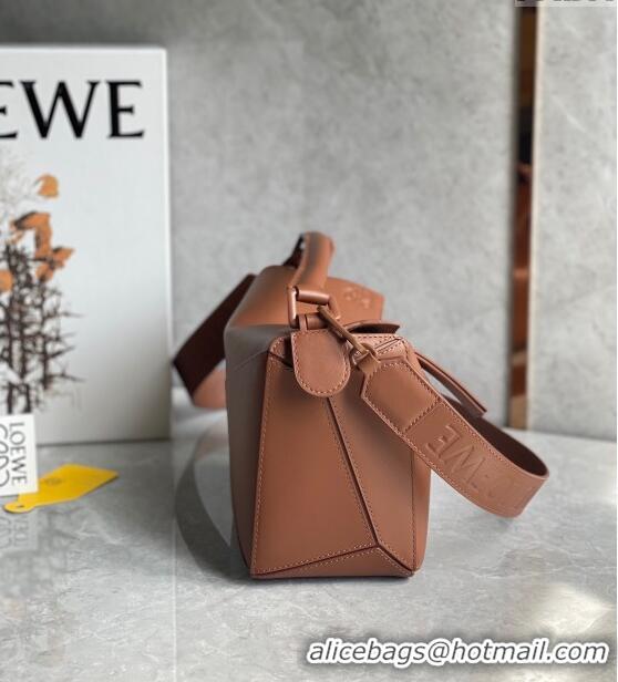 Top Quality Loewe Small Puzzle bag in Satin Calfskin with Wide Leather Strap L2073 Caramel Brown 2024