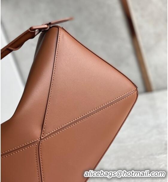 Top Quality Loewe Small Puzzle bag in Satin Calfskin with Wide Leather Strap L2073 Caramel Brown 2024