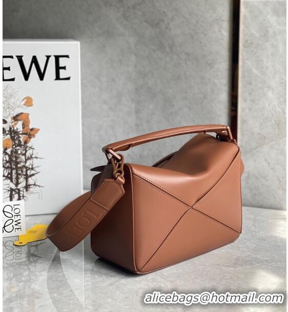 Top Quality Loewe Small Puzzle bag in Satin Calfskin with Wide Leather Strap L2073 Caramel Brown 2024