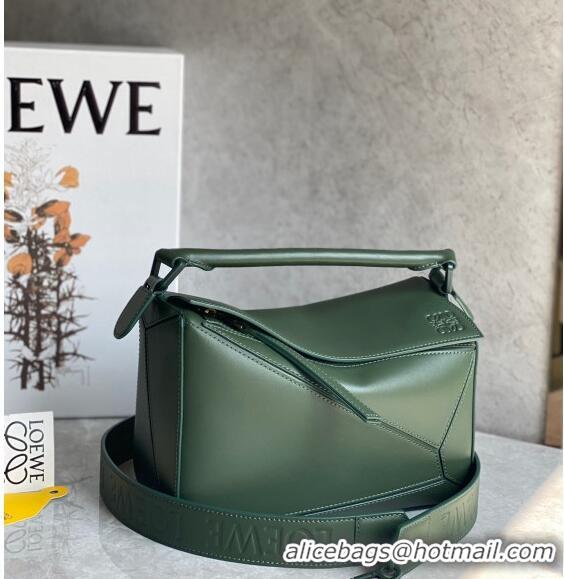 Buy Discount Loewe Small Puzzle bag in Satin Calfskin with Wide Leather Strap L2073 Bottle Green 2024