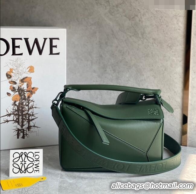 Buy Discount Loewe Small Puzzle bag in Satin Calfskin with Wide Leather Strap L2073 Bottle Green 2024