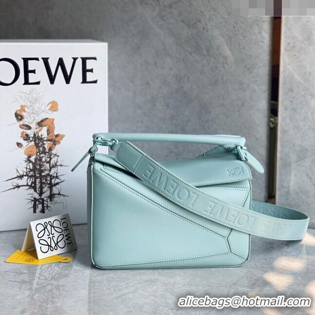 Top Quality Loewe Small Puzzle bag in Satin Calfskin with Wide Leather Strap L2073 Blue Iceberg 2024