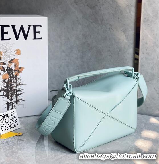 Top Quality Loewe Small Puzzle bag in Satin Calfskin with Wide Leather Strap L2073 Blue Iceberg 2024