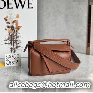 Most Popular Loewe Mini Puzzle bag in Satin Calfskin with Wide Leather Strap L2074 Caramel Brown 2024