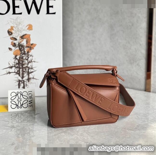 Most Popular Loewe Mini Puzzle bag in Satin Calfskin with Wide Leather Strap L2074 Caramel Brown 2024