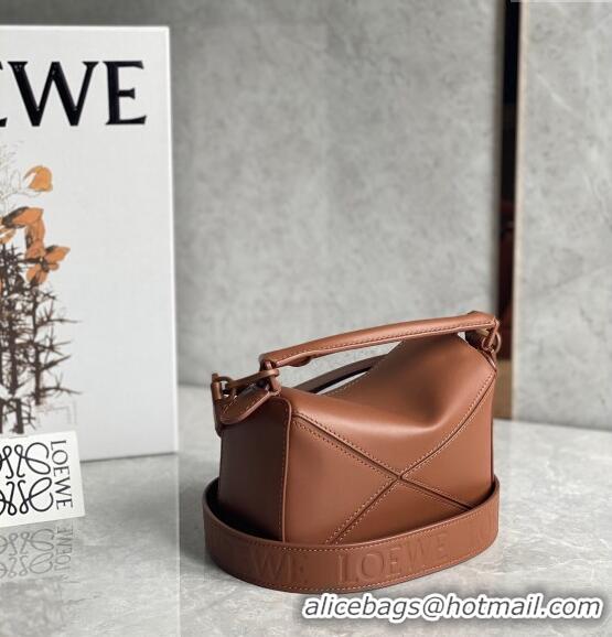 Most Popular Loewe Mini Puzzle bag in Satin Calfskin with Wide Leather Strap L2074 Caramel Brown 2024