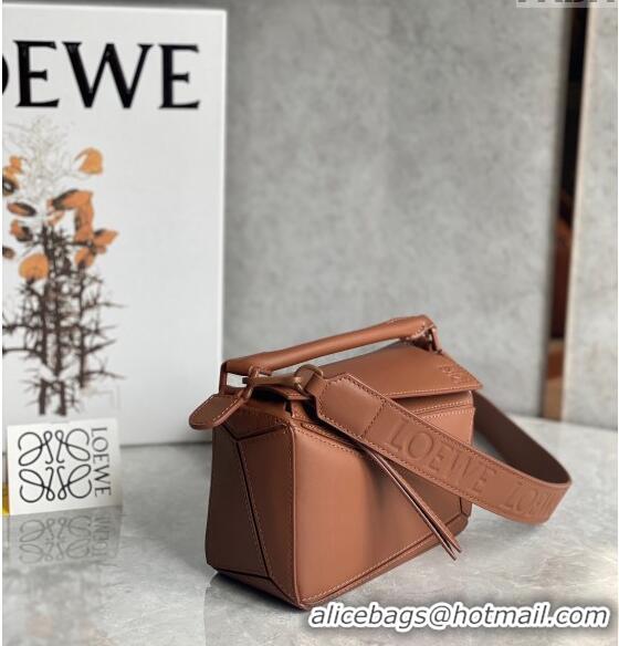 Most Popular Loewe Mini Puzzle bag in Satin Calfskin with Wide Leather Strap L2074 Caramel Brown 2024