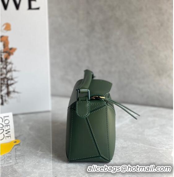 Top Grade Loewe Mini Puzzle bag in Satin Calfskin with Wide Leather Strap L2074 Bottle Green 2024