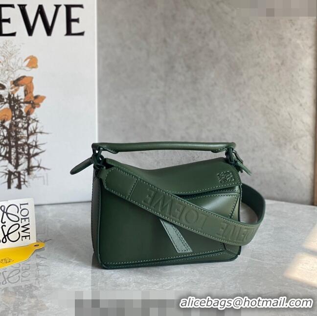 Top Grade Loewe Mini Puzzle bag in Satin Calfskin with Wide Leather Strap L2074 Bottle Green 2024