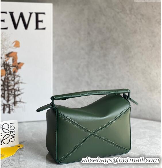 Top Grade Loewe Mini Puzzle bag in Satin Calfskin with Wide Leather Strap L2074 Bottle Green 2024