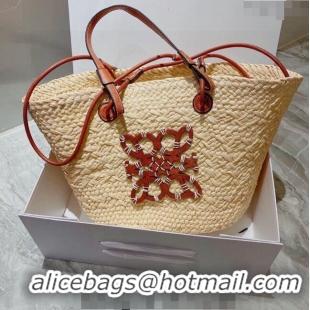 Best Price Loewe Raffia Straw and Leather Small Anagram Basket Bag L5080 Beige/Brown 2024